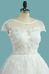 Elegant Jewel Tulle Lace Wedding Dress Short Sleeves Appliques Ruffles Bridal Gowns Online-27dress