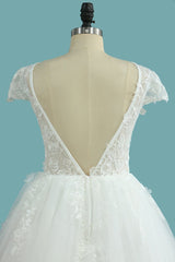 Elegant Jewel Tulle Lace Wedding Dress Short Sleeves Appliques Ruffles Bridal Gowns Online-27dress