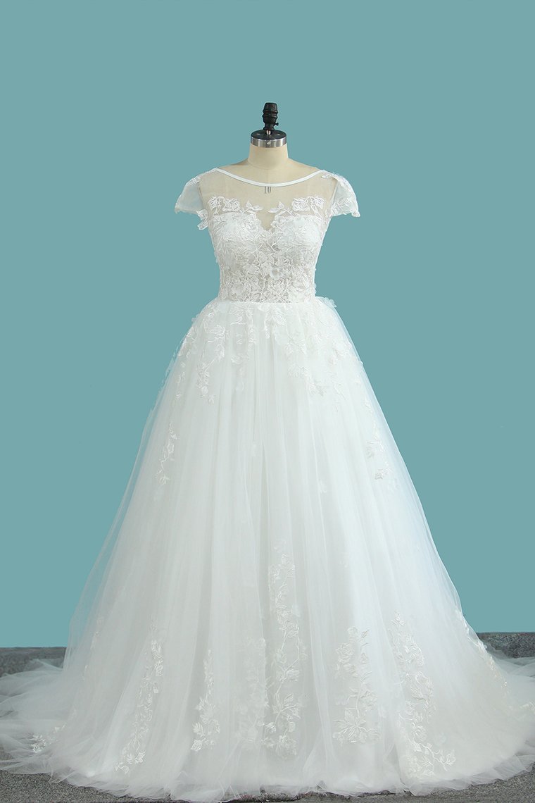 Elegant Jewel Tulle Lace Wedding Dress Short Sleeves Appliques Ruffles Bridal Gowns Online-27dress