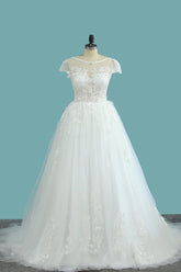 Elegant Jewel Tulle Lace Wedding Dress Short Sleeves Appliques Ruffles Bridal Gowns Online-27dress