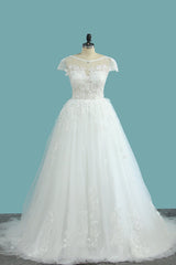 Elegant Jewel Tulle Lace Wedding Dress Short Sleeves Appliques Ruffles Bridal Gowns Online-27dress