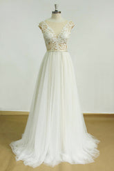 Elegant Jewel Tulle Lace Wedding Dress Sleeveless Appliques Bridal Gowns On Sale-27dress