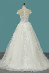 Elegant Jewel Tulle Lace Wedding Dress Sleeveless Appliques Ruffles Bridal Gowns Online-27dress