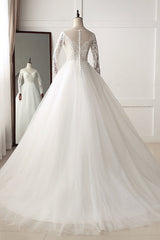 Elegant Jewel Tulle Lace White Wedding Dress A-Line Long Sleeves Appliques Bridal Gowns On Sale-27dress