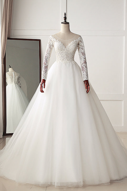 Elegant Jewel Tulle Lace White Wedding Dress A-Line Long Sleeves Appliques Bridal Gowns On Sale-27dress