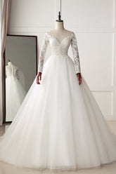 Elegant Jewel Tulle Lace White Wedding Dress A-Line Long Sleeves Appliques Bridal Gowns On Sale-27dress