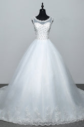 Elegant Jewel White Tulle Ball Gown Wedding Dresses Sleeveless Appliques Bridal Gowns with Rhinestones-27dress