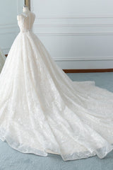 Elegant Jewel White Tulle Lace Wedding Dress Sleeveless Appliques A-Line Bridal Gowns Online-27dress