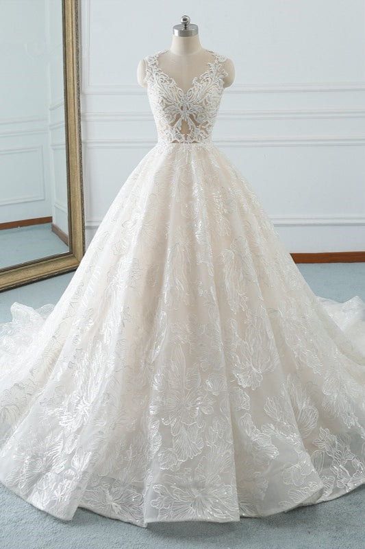 Elegant Jewel White Tulle Lace Wedding Dress Sleeveless Appliques A-Line Bridal Gowns Online-27dress