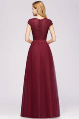 Elegant Lace Cap-Sleeves Long Burgundy Birdesmaid Dresses Online-27dress