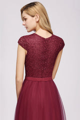 Elegant Lace Cap-Sleeves Long Burgundy Birdesmaid Dresses Online-27dress
