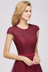Elegant Lace Cap-Sleeves Long Burgundy Birdesmaid Dresses Online-27dress