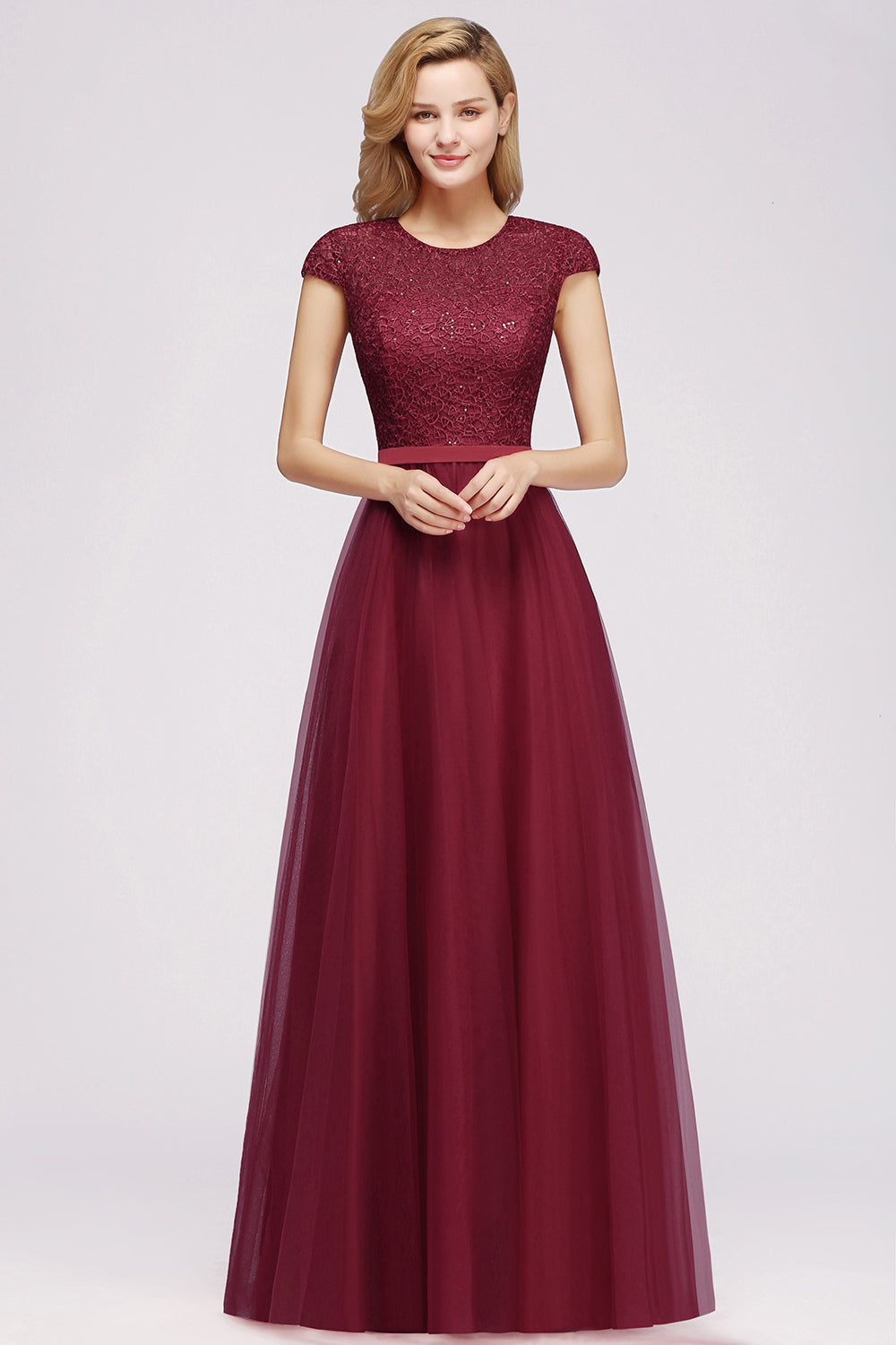 Elegant Lace Cap-Sleeves Long Burgundy Birdesmaid Dresses Online-27dress