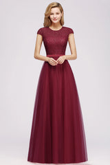 Elegant Lace Cap-Sleeves Long Burgundy Birdesmaid Dresses Online-27dress