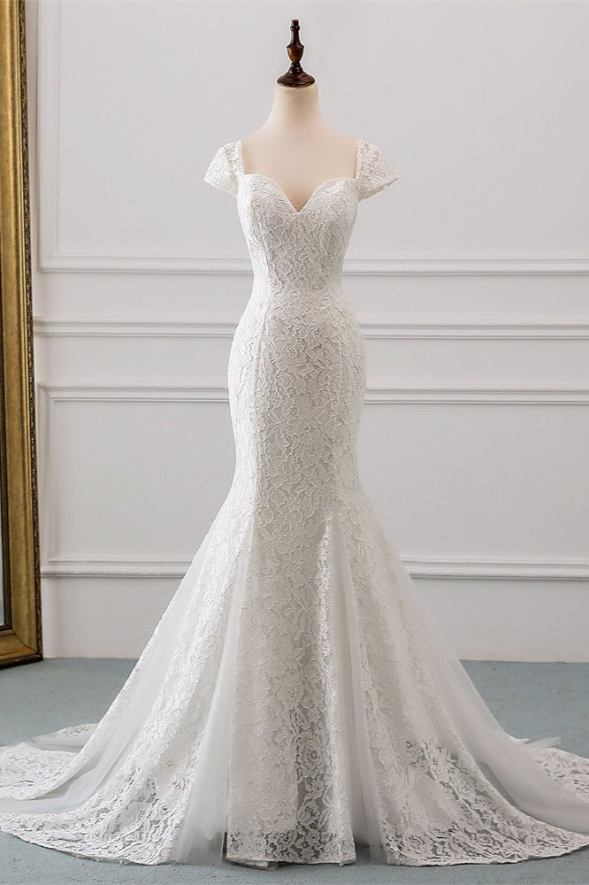 Elegant Lace Cap-Sleeves Sweetheart Mermaid Wedding Dresses Online-27dress