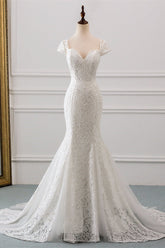 Elegant Lace Cap-Sleeves Sweetheart Mermaid Wedding Dresses Online-27dress