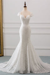 Elegant Lace Cap-Sleeves Sweetheart Mermaid Wedding Dresses Online-27dress