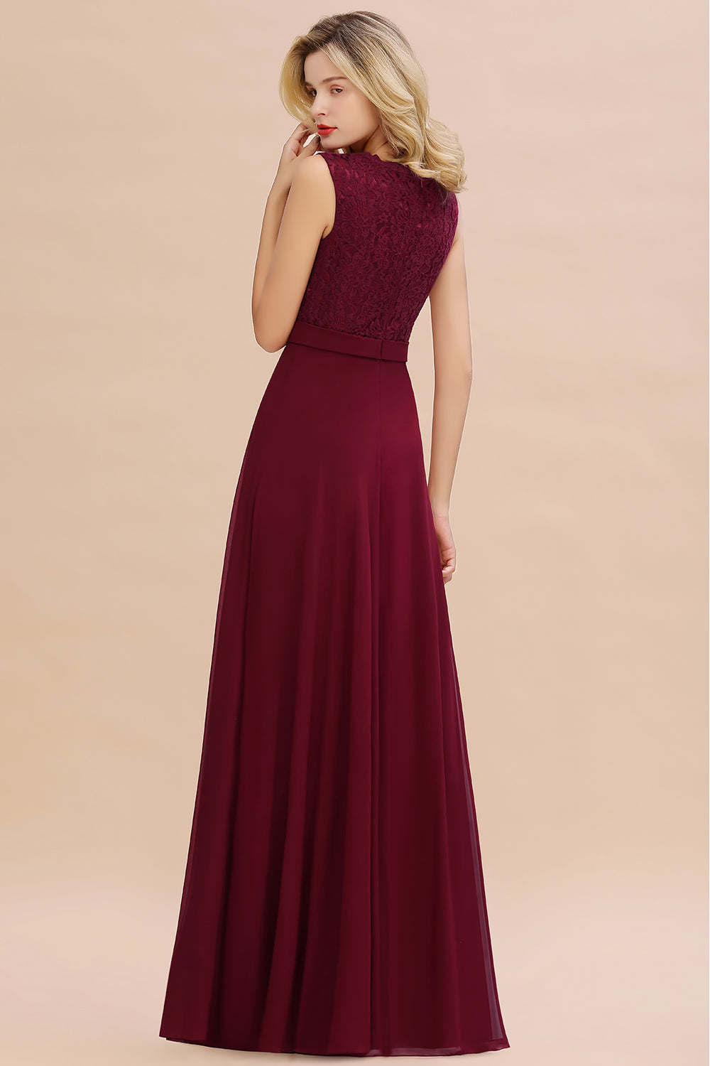 Elegant Lace Deep V-Neck Burgundy Bridesmaid Dress Affordable-27dress