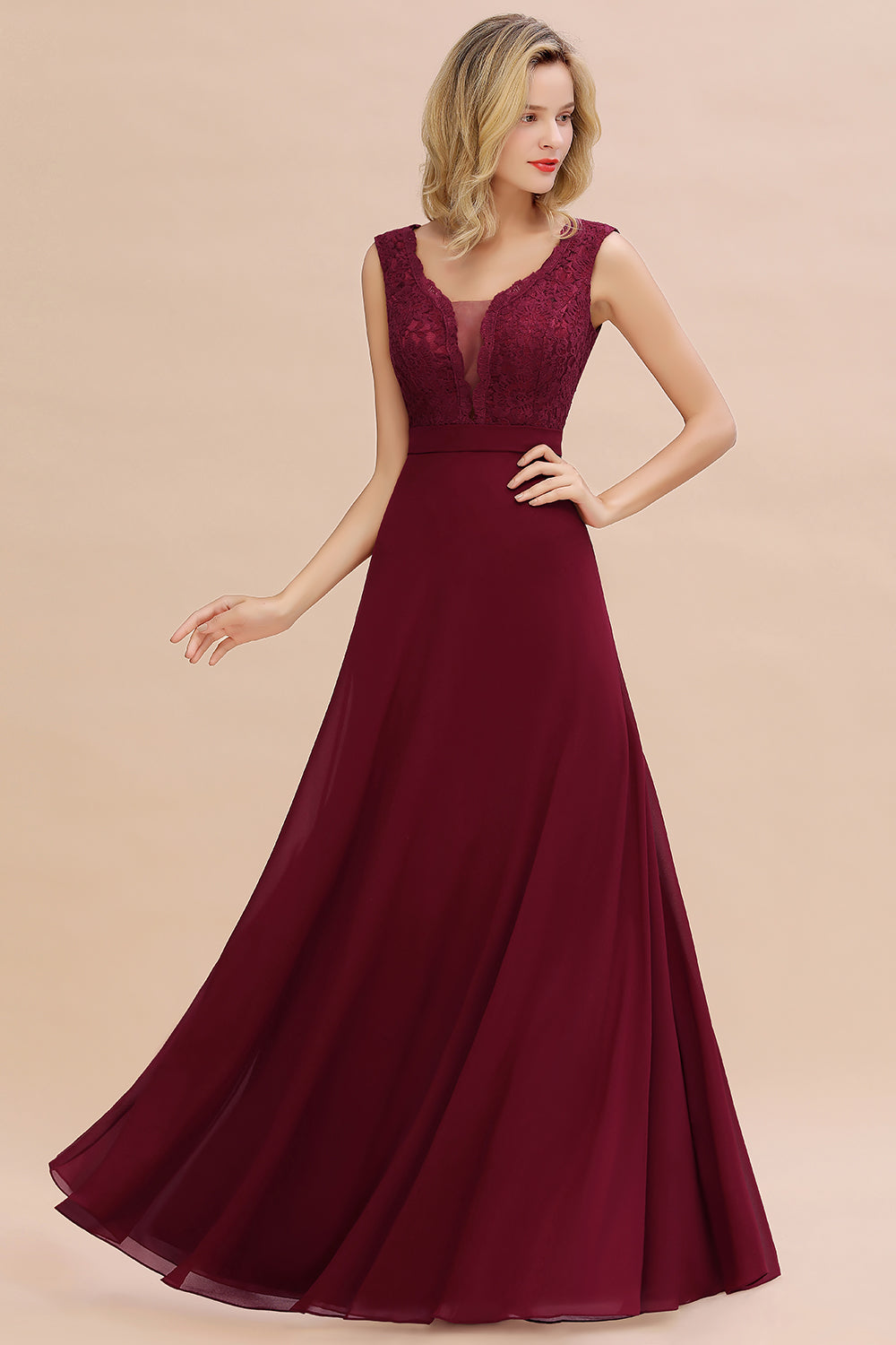 Elegant Lace Deep V-Neck Burgundy Bridesmaid Dress Affordable-27dress