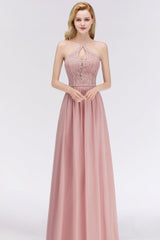 Elegant Lace Keyhole Halter Dusty Rose Chiffon Bridesmaid Dress Affordable-27dress