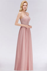 Elegant Lace Keyhole Halter Dusty Rose Chiffon Bridesmaid Dress Affordable-27dress