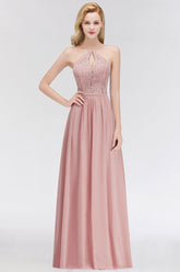 Elegant Lace Keyhole Halter Dusty Rose Chiffon Bridesmaid Dress Affordable-27dress