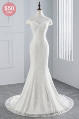 Elegant Lace Off-the-Shoulder White Mermaid Wedding Dresses Affordable Online-27dress