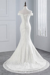 Elegant Lace Off-the-Shoulder White Mermaid Wedding Dresses Affordable Online-27dress