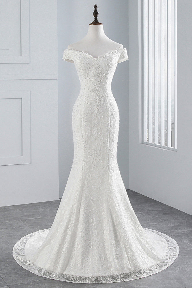 Elegant Lace Off-the-Shoulder White Mermaid Wedding Dresses Affordable Online-27dress