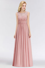 Elegant Lace Scoop Bridesmaid Dress Dusty Rose Chiffon Sleeveless Wedding party Dress-27dress