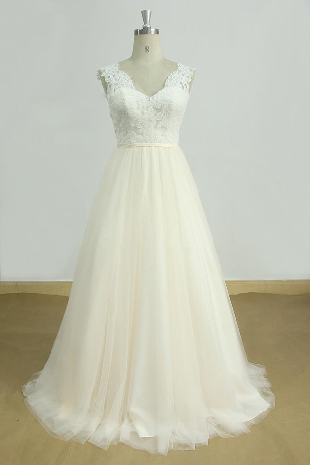 Elegant Lace Straps V-neck Appliques Wedding Dress Tulle Ruffles A-line Bridal Gowns On Sale-27dress