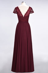 Elegant Lace V-Neck Burgundy Bridesmaid Dress with Cap Sleeves-27dress