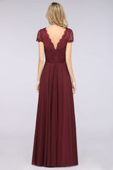 Elegant Lace V-Neck Burgundy Bridesmaid Dress with Cap Sleeves-27dress