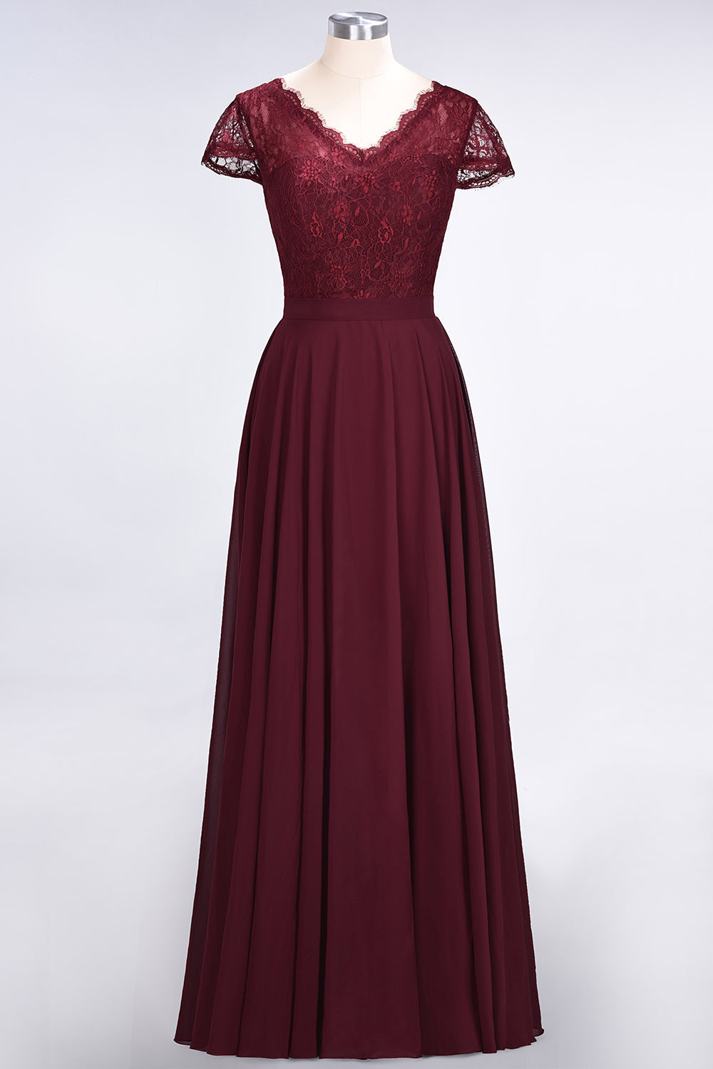 Elegant Lace V-Neck Burgundy Bridesmaid Dress with Cap Sleeves-27dress