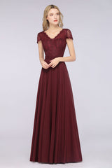 Elegant Lace V-Neck Burgundy Bridesmaid Dress with Cap Sleeves-27dress