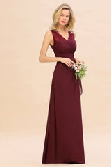 Elegant Lace V-Neck Burgundy Chiffon Bridesmaid Dresses with Ruffle-27dress