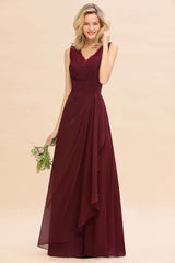 Elegant Lace V-Neck Burgundy Chiffon Bridesmaid Dresses with Ruffle-27dress