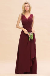 Elegant Lace V-Neck Burgundy Chiffon Bridesmaid Dresses with Ruffle-27dress