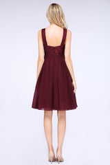 Elegant Lace V-Neck Short Burgundy Chiffon Bridesmaid Dress with Ruffle-27dress