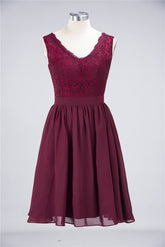 Elegant Lace V-Neck Short Burgundy Chiffon Bridesmaid Dress with Ruffle-27dress