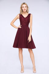 Elegant Lace V-Neck Short Burgundy Chiffon Bridesmaid Dress with Ruffle-27dress
