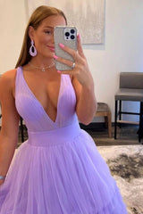 Elegant Lilac Sleeveless V-Neck Tulle Layers Prom Dress