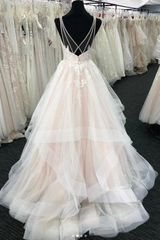 Elegant Long A-line Tulle V-Neck Layered Open Back Wedding Dresses-27dress