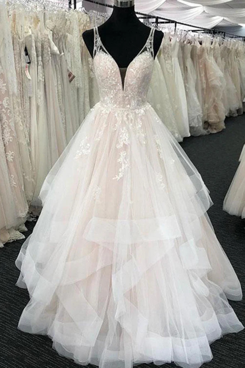 Elegant Long A-line Tulle V-Neck Layered Open Back Wedding Dresses-27dress