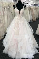 Elegant Long A-line Tulle V-Neck Layered Open Back Wedding Dresses-27dress