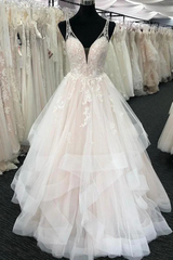 Elegant Long A-line Tulle V-Neck Layered Open Back Wedding Dresses-27dress