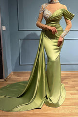 Elegant Long Mermaid High Neck Satin Lace Prom Dresses with Sleeves-27Dress