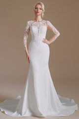 Elegant Long Mermaid Jewel Satin Lace Wedding Dress with Sleeves-27dress