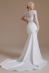 Elegant Long Mermaid Jewel Satin Lace Wedding Dress with Sleeves-27dress