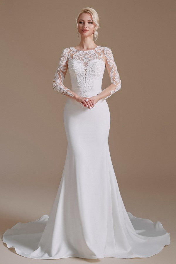 Elegant Long Mermaid Jewel Satin Lace Wedding Dress with Sleeves-27dress